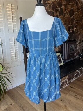 Umgee Blue Plaid Square-Neck Puff Sleeve Mini Dress 100% Cotton